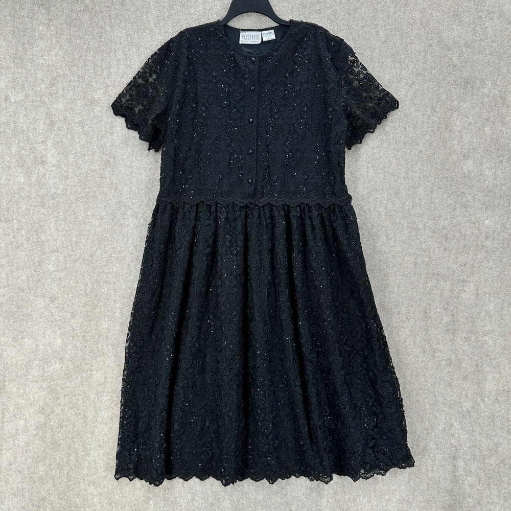 VTG Passports Pier 1 Imports Lace Dress Womens L Black Beaded Sequin Whimsical